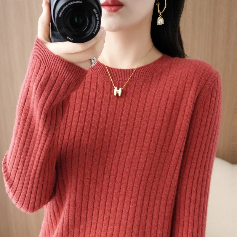 Women’s Autumn Winter O-Neck Striped Knit Sweater – Loose Fit Long Sleeve Pullover Casual Korean Style Jumper