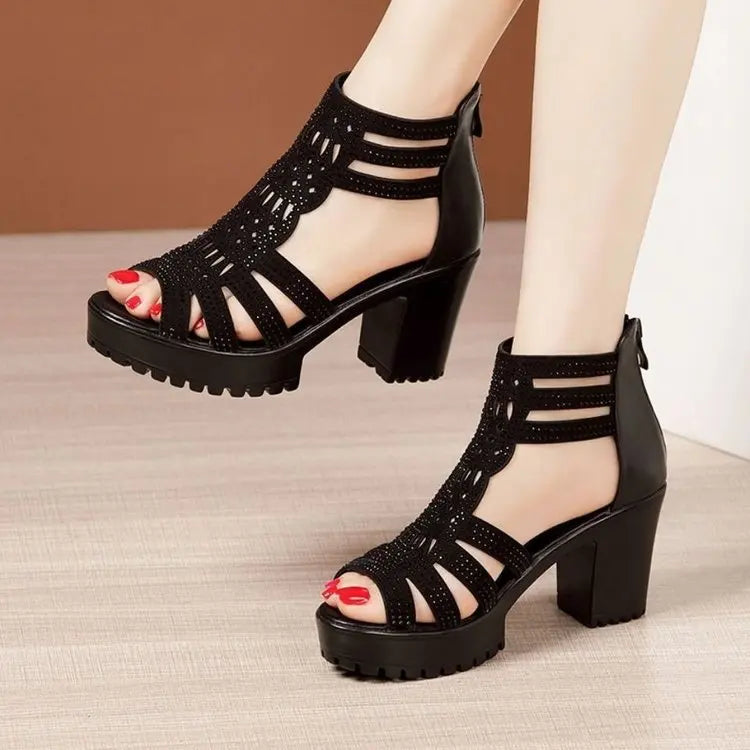 Women’s Open Toe Wedge Sandals – Anti-Slip Hollow Out Casual Shoes with Low Square Heel & Zip Closure