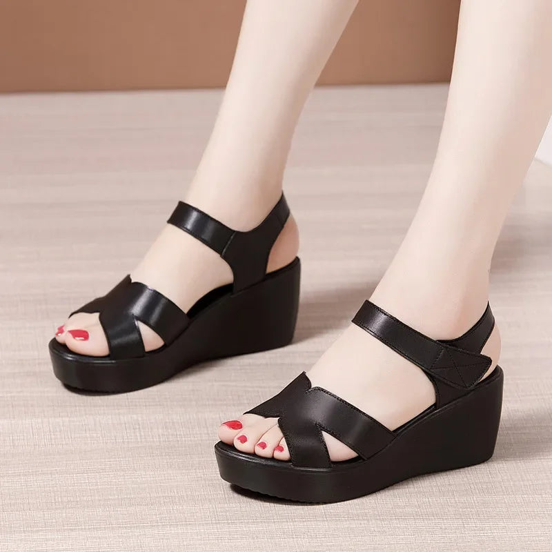 Women’s Plus Size Soft Leather Wedge Sandals (33–43) – Mid Heel Platform Ankle Strap Summer Shoes for Office, Casual & Beach Wear