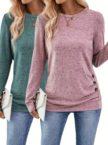 Women’s Button Decor Ruched Long Sleeve T-Shirt – Casual Knit Top for Spring, Autumn & Winter