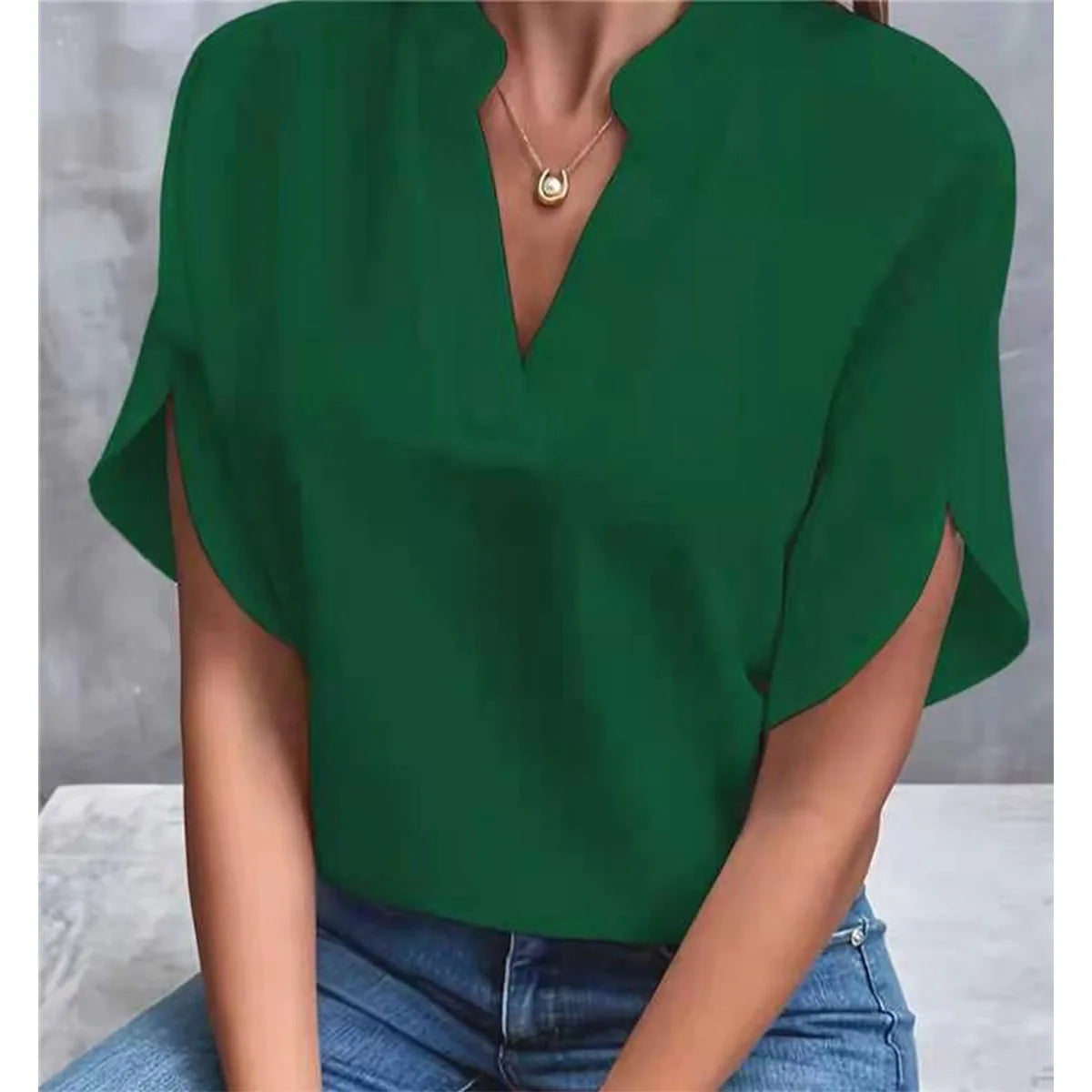 Women’s Summer Solid Color Casual Pullover Shirt – Short Sleeve Loose Fit V-Neck Lightweight Chiffon Blouse Top