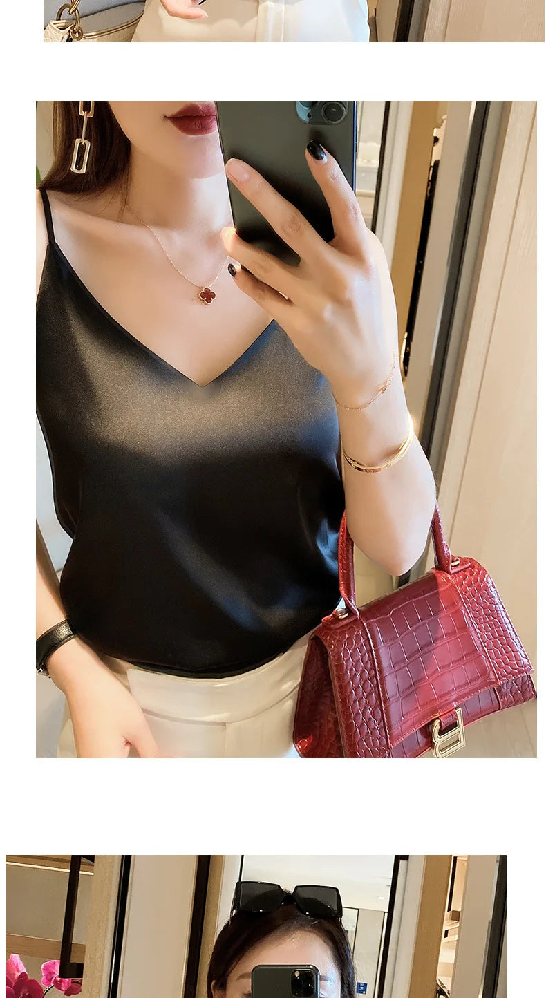 Women Summer Sleeveless V-Neck Chiffon Camisole Crop Tank Top – Slim Fit Solid Office Lady Vest (Black/White/Grey)
