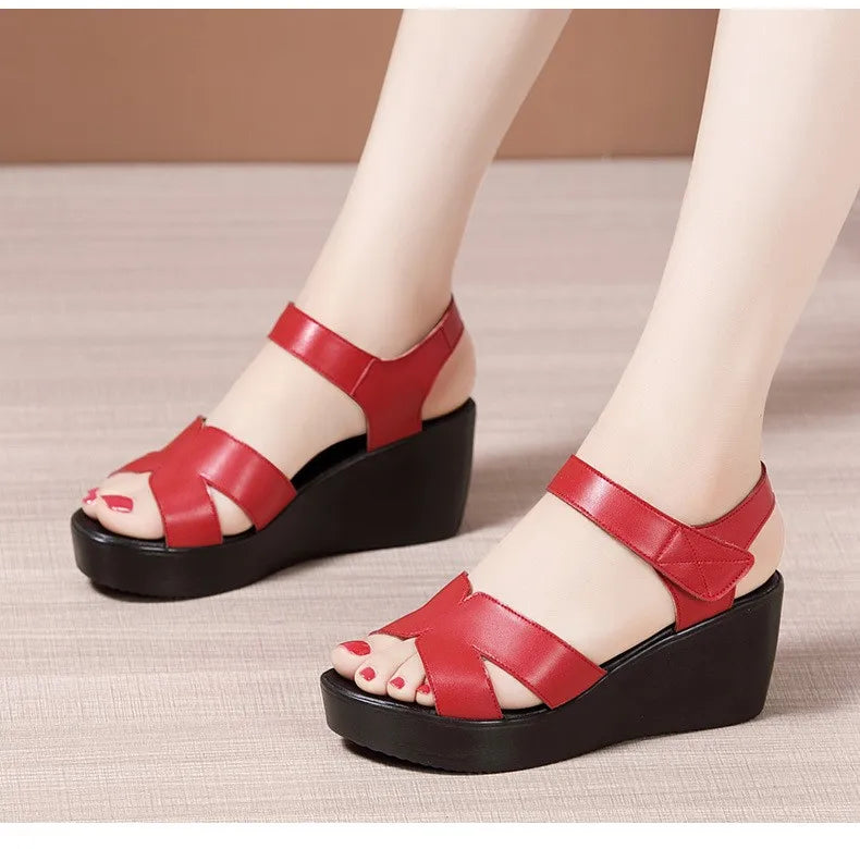 Women’s Plus Size Soft Leather Wedge Sandals (33–43) – Mid Heel Platform Ankle Strap Summer Shoes for Office, Casual & Beach Wear