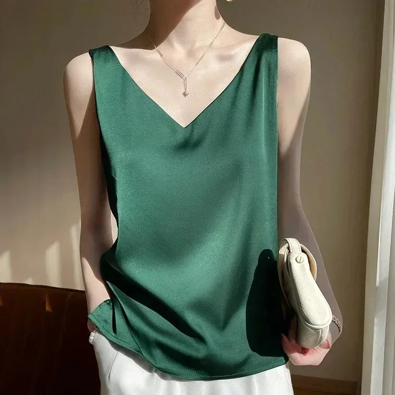 Women’s V-Neck Silk Satin Sleeveless Blouse – Elegant Office Tank Top, Lightweight Summer Camisole