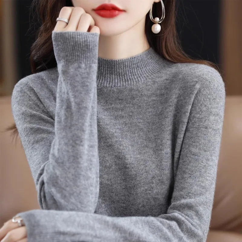Women’s Autumn Winter Knit Sweater – Korean Fashion Slim Fit Half High Collar Long Sleeve Pullover