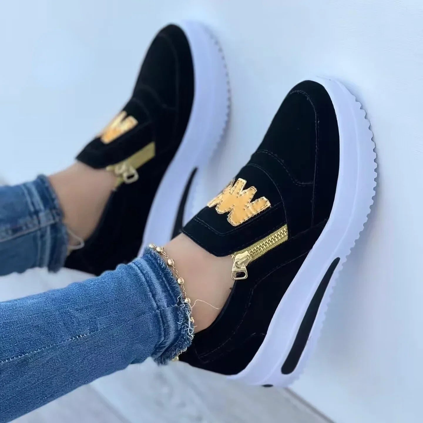 Women Platform Slip-On Loafers Sneakers – Casual Fashion Canvas Shoes with Zipper Detail, Flat Rubber Sole