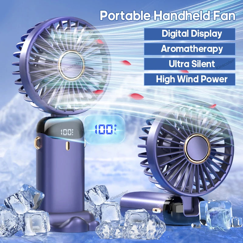 USB Rechargeable Foldable Neck Fan – Portable Handheld Mini Fan with 5-Speed Cooling, Digital Display & Phone Stand, Travel-Friendly Hands-Free Design