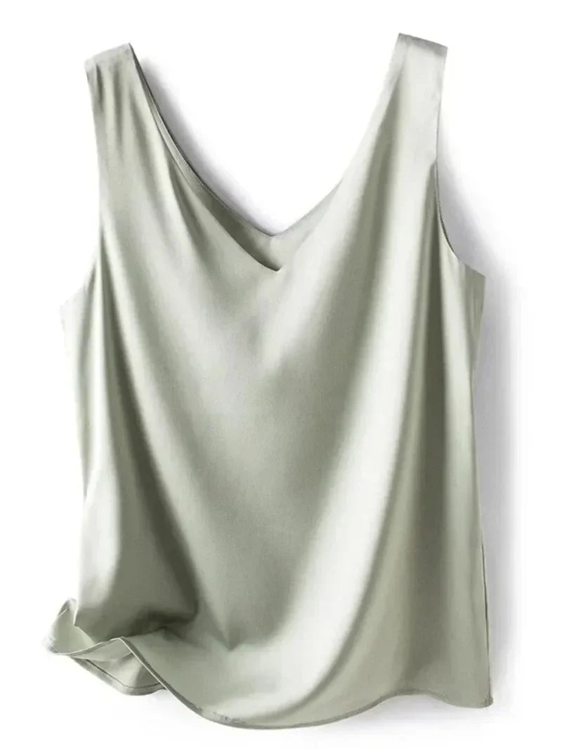 Women’s V-Neck Silk Satin Sleeveless Blouse – Elegant Office Tank Top, Lightweight Summer Camisole