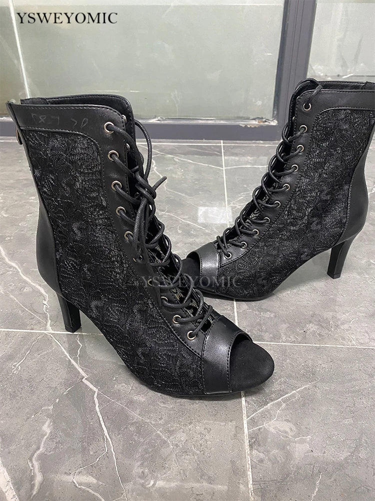 YSWEYOMIC Summer Autumn Style Mesh Hollow Jazz Booties Dance High Heels 7cm 9c 11cm Latin Salsa Dance Sandals With Large Size