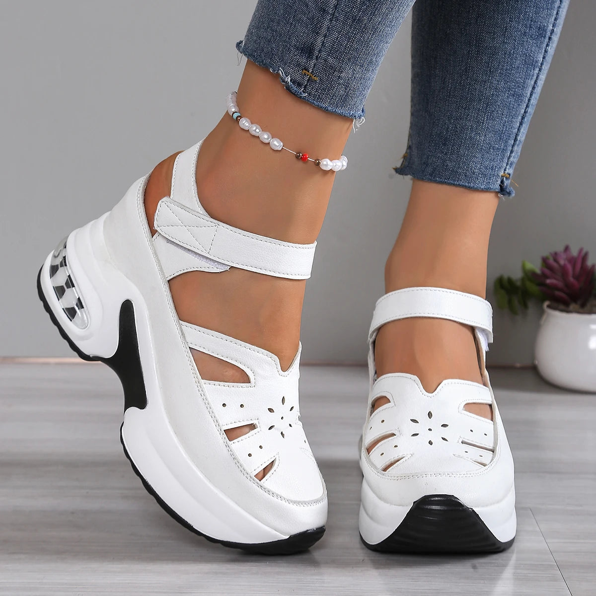 Women Closed Toe Summer Sandals – Plus Size Casual Slip-On Hollow Out PU Platform Comfort Shoes