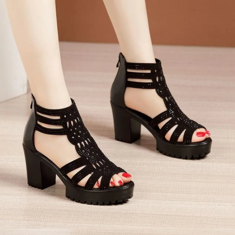 Women’s Open Toe Wedge Sandals – Anti-Slip Hollow Out Casual Shoes with Low Square Heel & Zip Closure