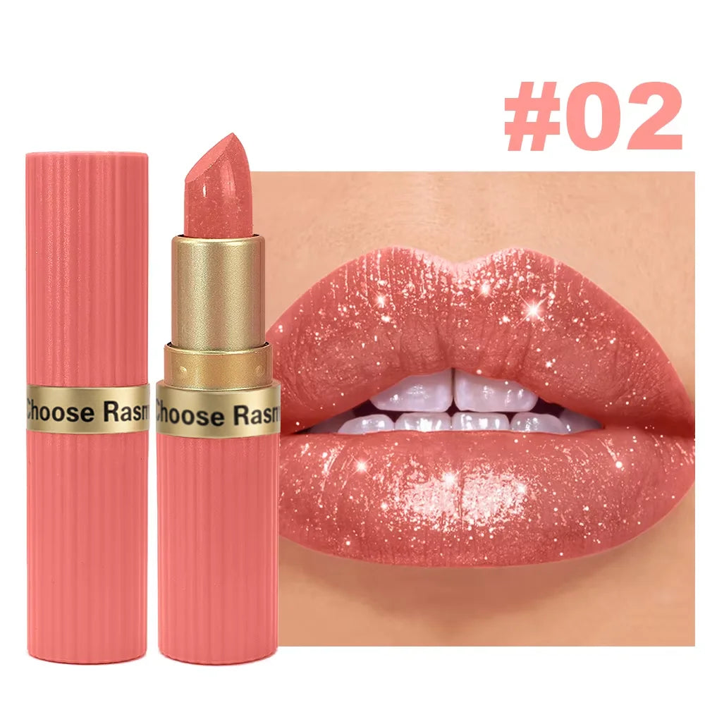 Pearlescent Pink Glitter Velvet Lipstick – Waterproof Long Lasting Matte Metallic Shimmer Diamond Lipstick for Women