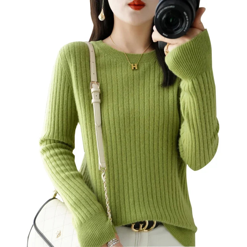Women’s Autumn Winter O-Neck Striped Knit Sweater – Loose Fit Long Sleeve Pullover Casual Korean Style Jumper