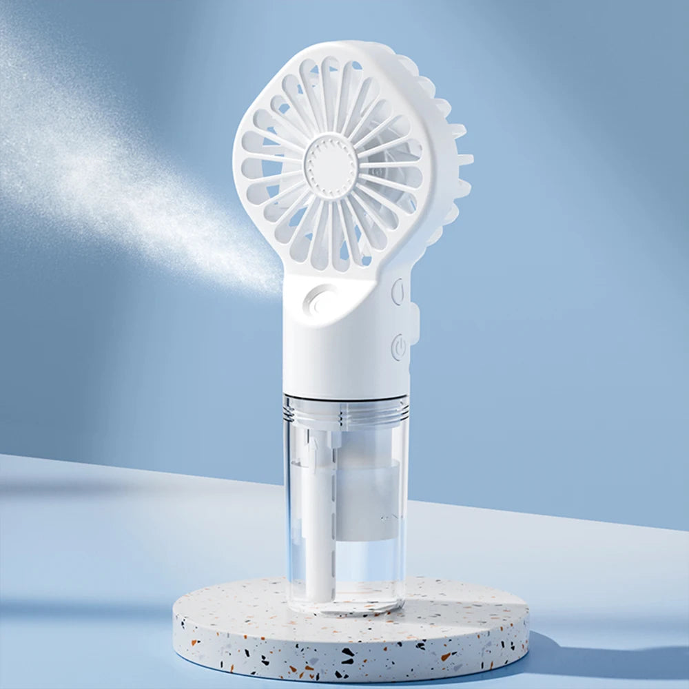 Portable Mini Handheld Mist Fan – USB Rechargeable 4-Speed Cooling & Humidifier Fan for Travel, Office & Outdoor Use