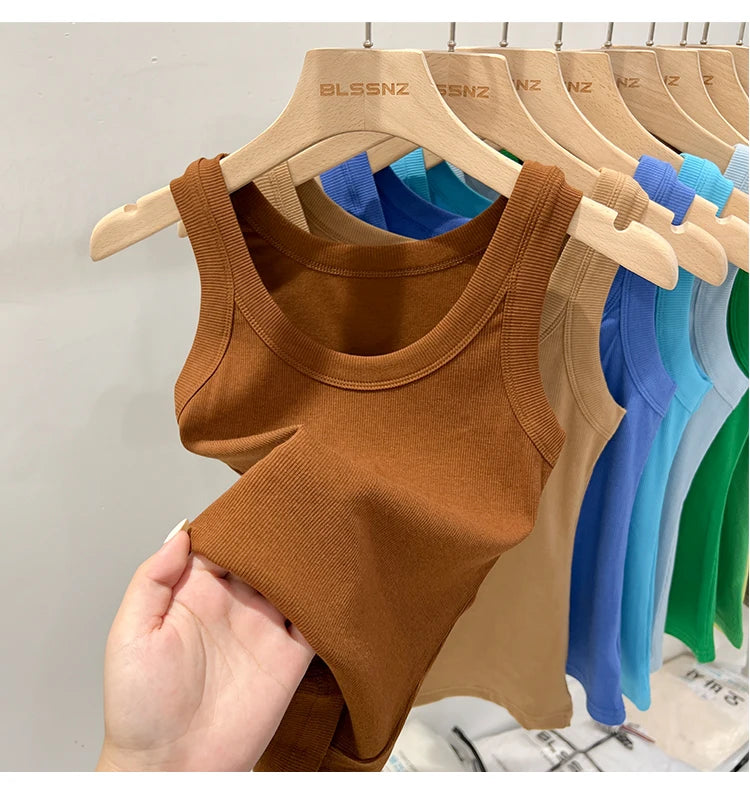 Women Solid Ribbed Tank Top Camisole – Elastic Cotton O-Neck Summer Basic Crop Top 2026