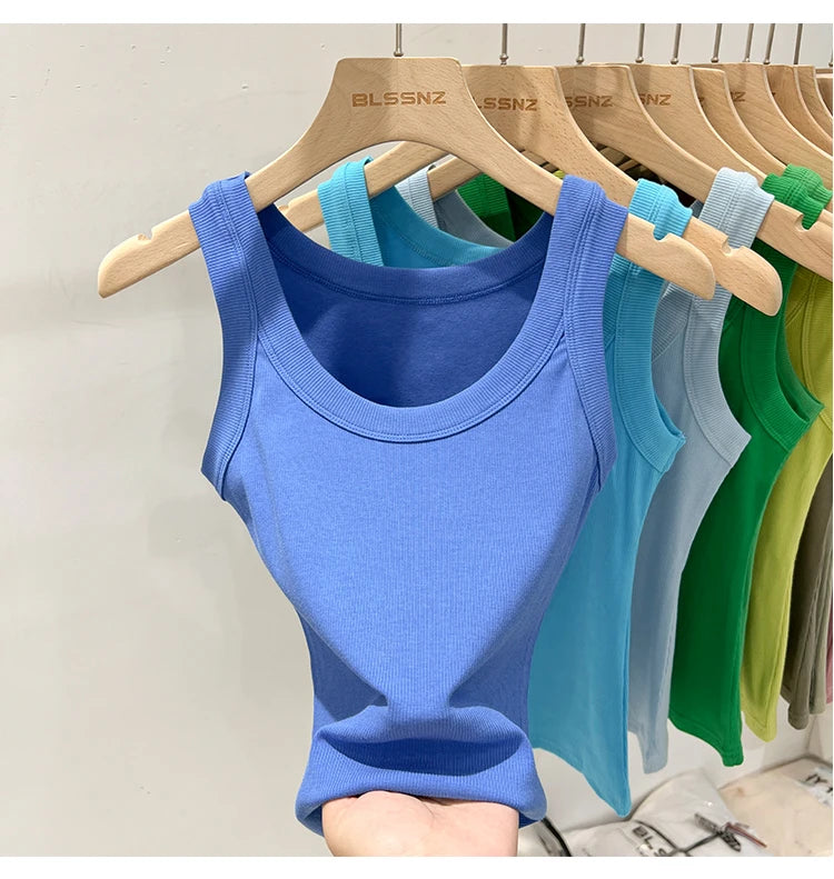Women Solid Ribbed Tank Top Camisole – Elastic Cotton O-Neck Summer Basic Crop Top 2026