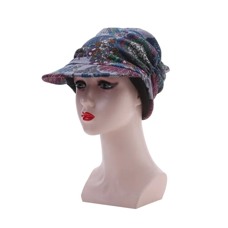 Women Autumn Winter Peaked Cap with Earflap – Warm Foldable Floral Print Casual Hat