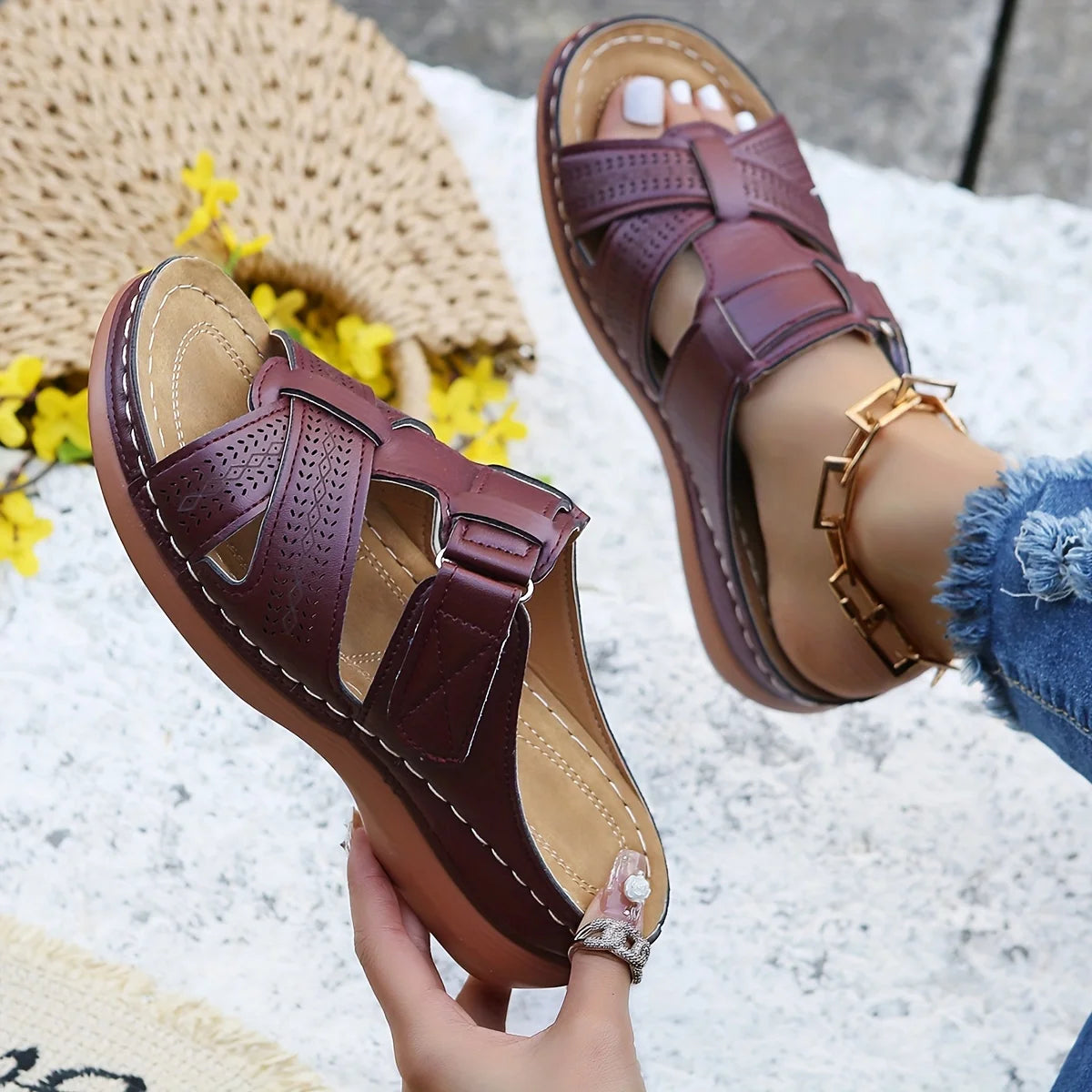 Women’s Comfortable Striped Fisherman Sandals – Arch Support, Lightweight Peep Toe Summer Slippers (3–5cm Heel)