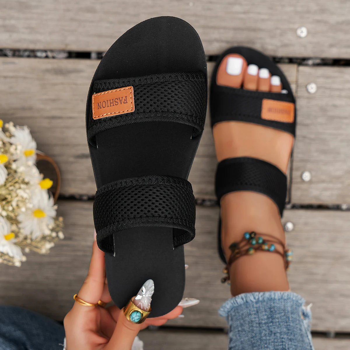 Women’s Breathable Mesh Slip-On Sandals – Lightweight Flat Low Heel Comfort Sandals with Appliques