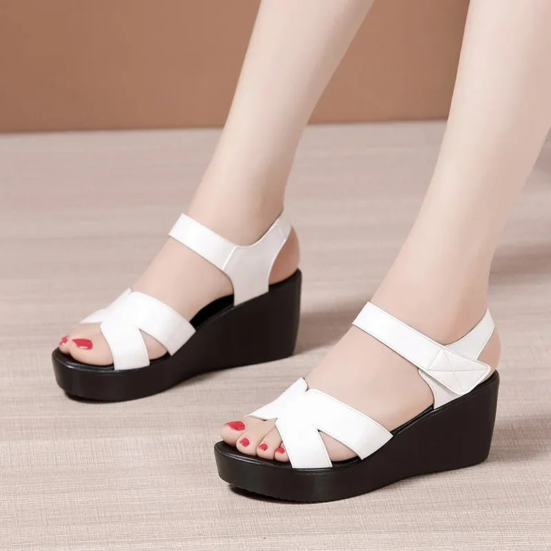 Women’s Plus Size Soft Leather Wedge Sandals (33–43) – Mid Heel Platform Ankle Strap Summer Shoes for Office, Casual & Beach Wear