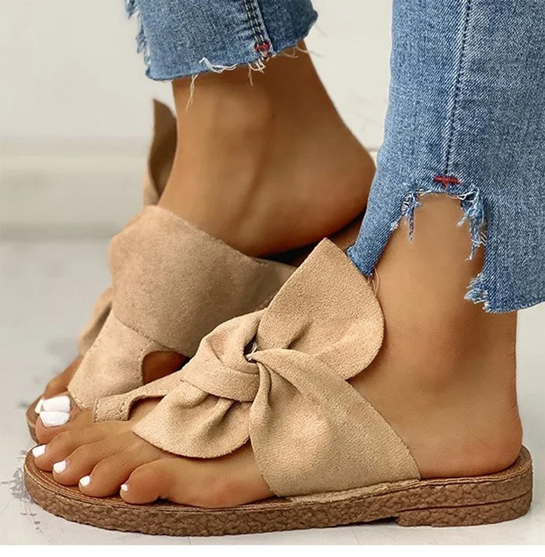 Women Casual Summer Flat Sandals – Slip-On Butterfly-Knot Beach Slippers for Women