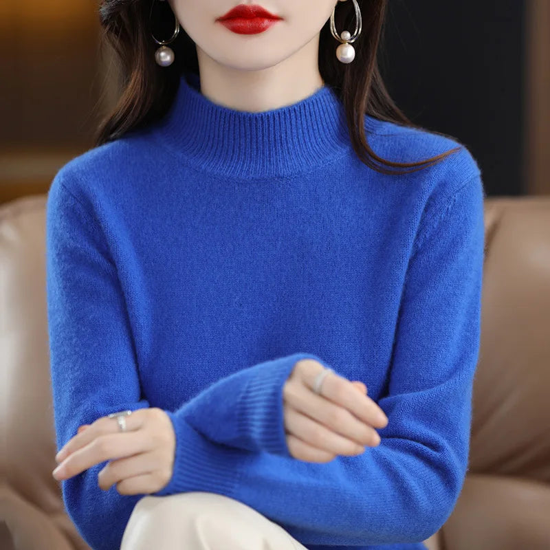 Women’s Autumn Winter Knit Sweater – Korean Fashion Slim Fit Half High Collar Long Sleeve Pullover