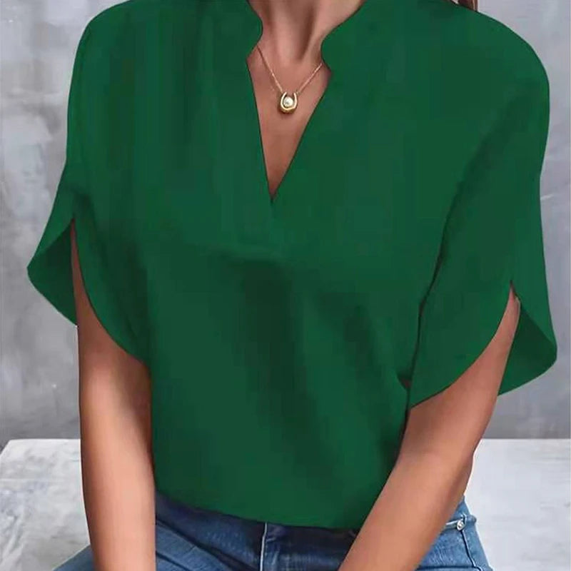 Women’s Summer Solid Color Casual Pullover Shirt – Short Sleeve Loose Fit V-Neck Lightweight Chiffon Blouse Top