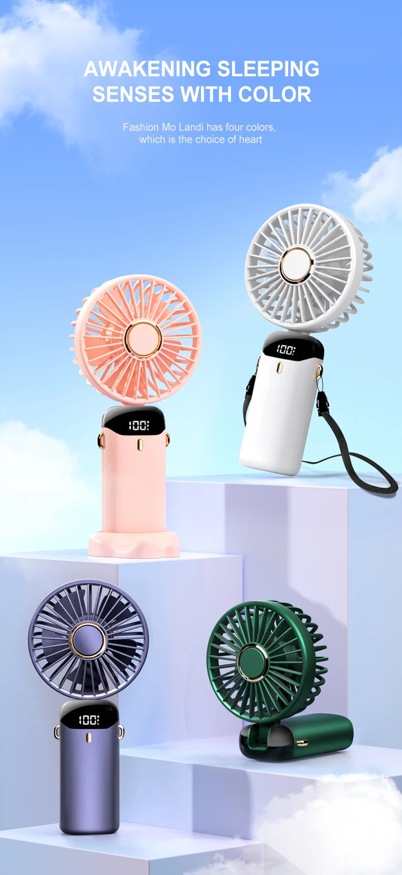 USB Rechargeable Foldable Neck Fan – Portable Handheld Mini Fan with 5-Speed Cooling, Digital Display & Phone Stand, Travel-Friendly Hands-Free Design