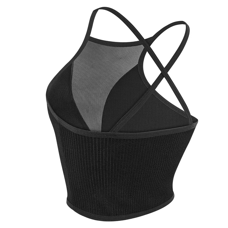 SEO Title: Women’s Sexy Mesh Camisole Crop Top – Ribbed Backless Bralette Corset Style Lingerie Tank Top