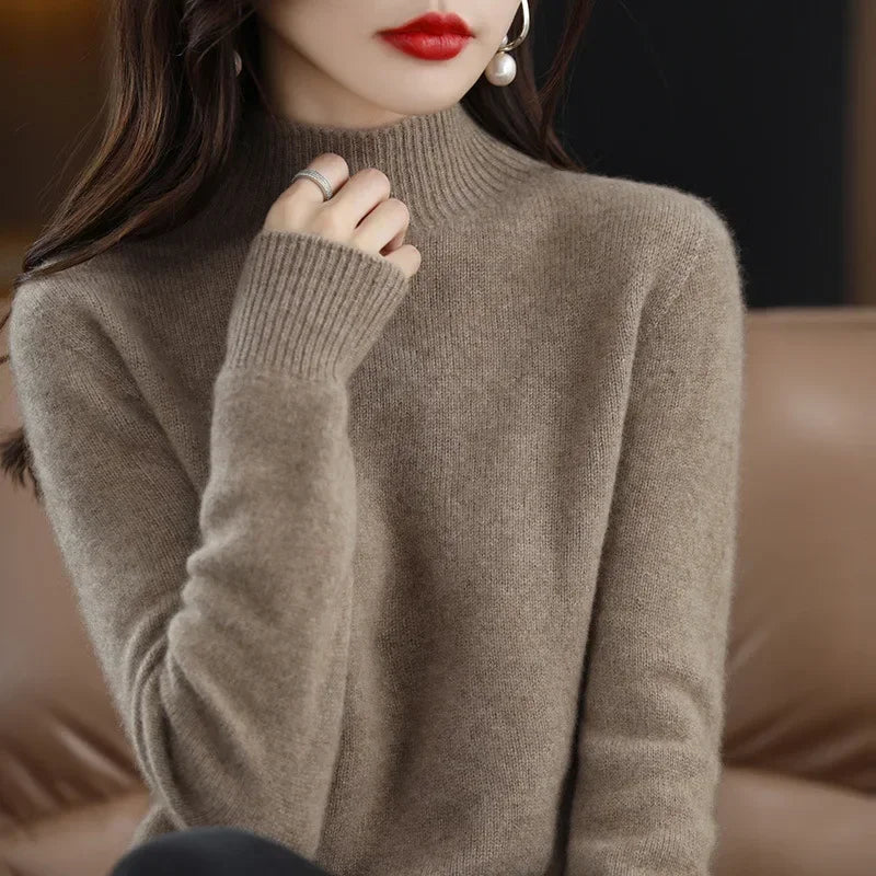 Women’s Autumn Winter Knit Sweater – Korean Fashion Slim Fit Half High Collar Long Sleeve Pullover