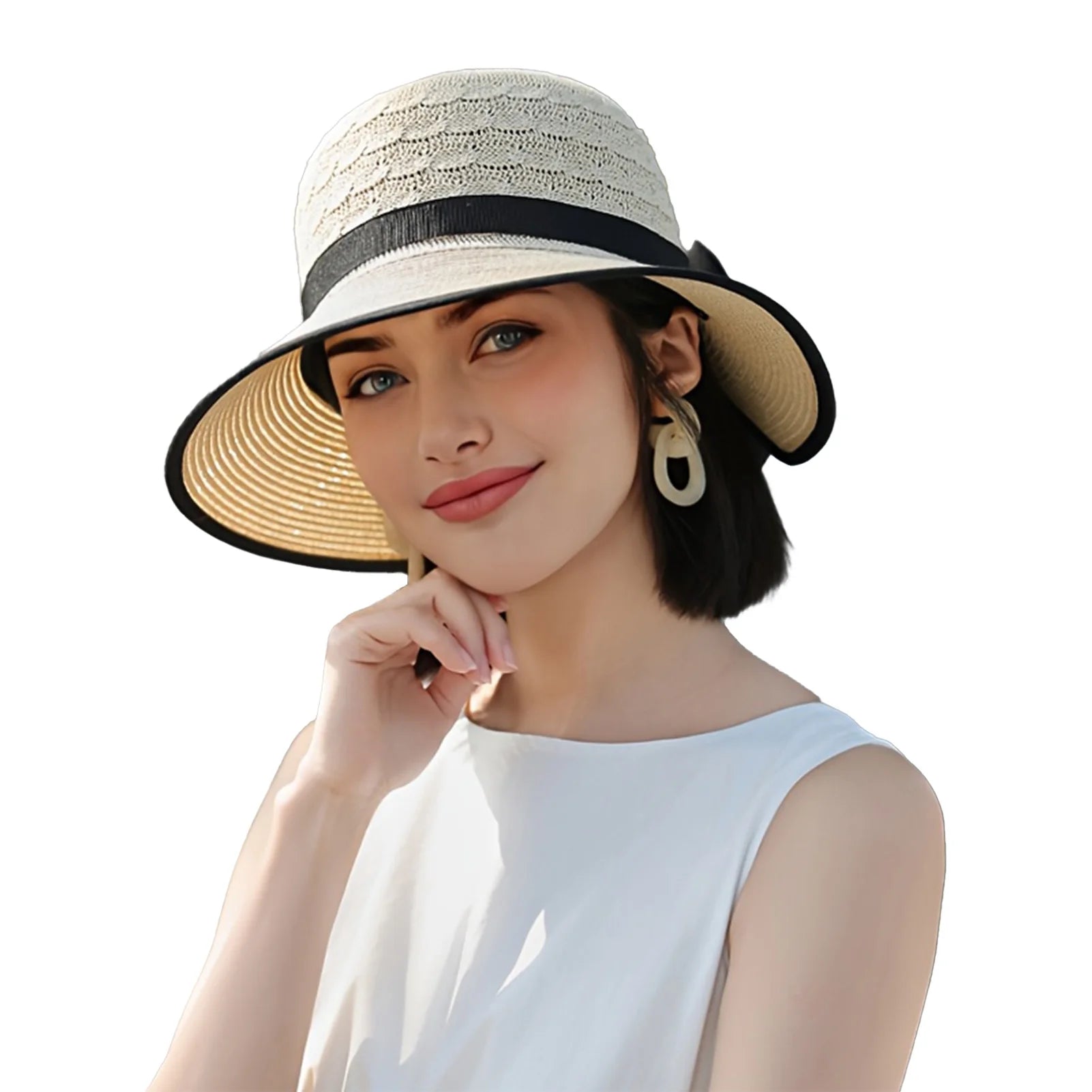 Women’s Summer Straw Sun Hat – French Style Bowknot Wide Brim Beach Hat for UV Protection & Travel