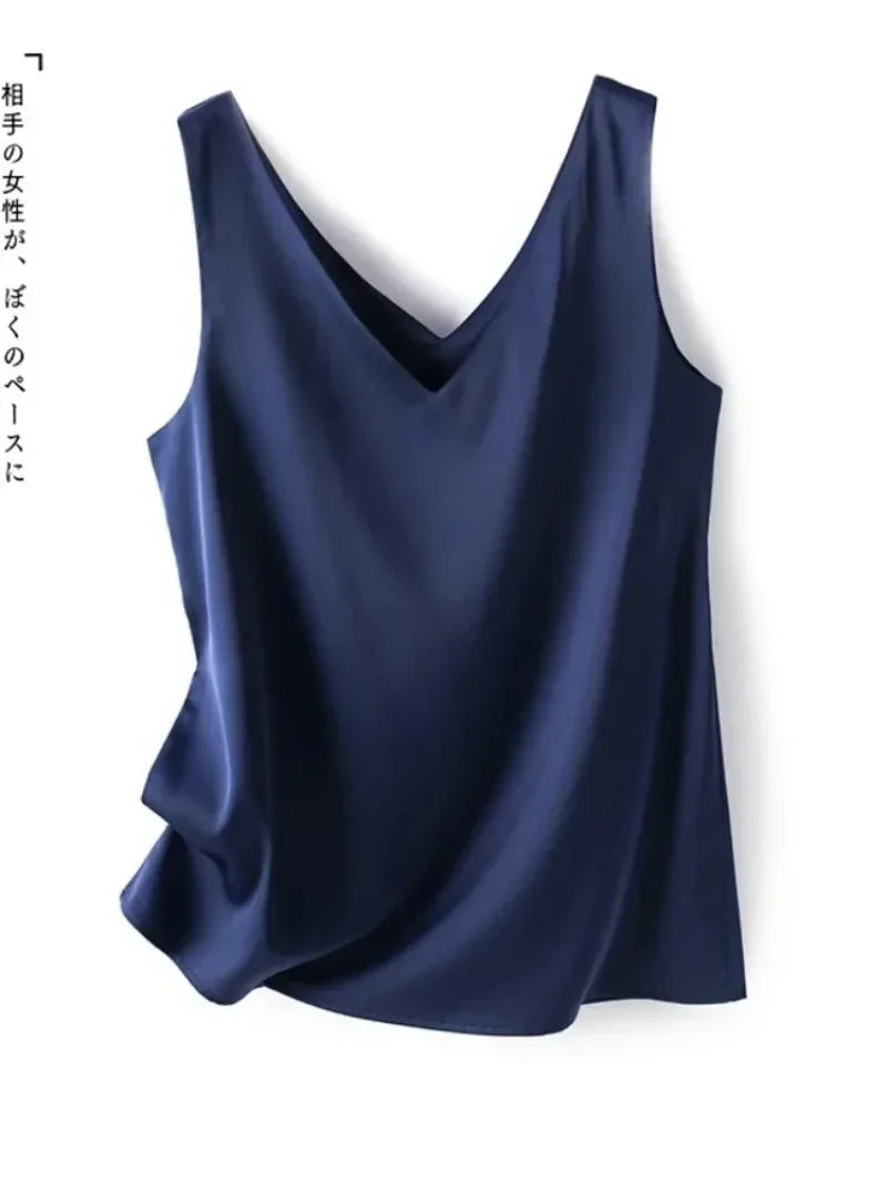 Women’s V-Neck Silk Satin Sleeveless Blouse – Elegant Office Tank Top, Lightweight Summer Camisole