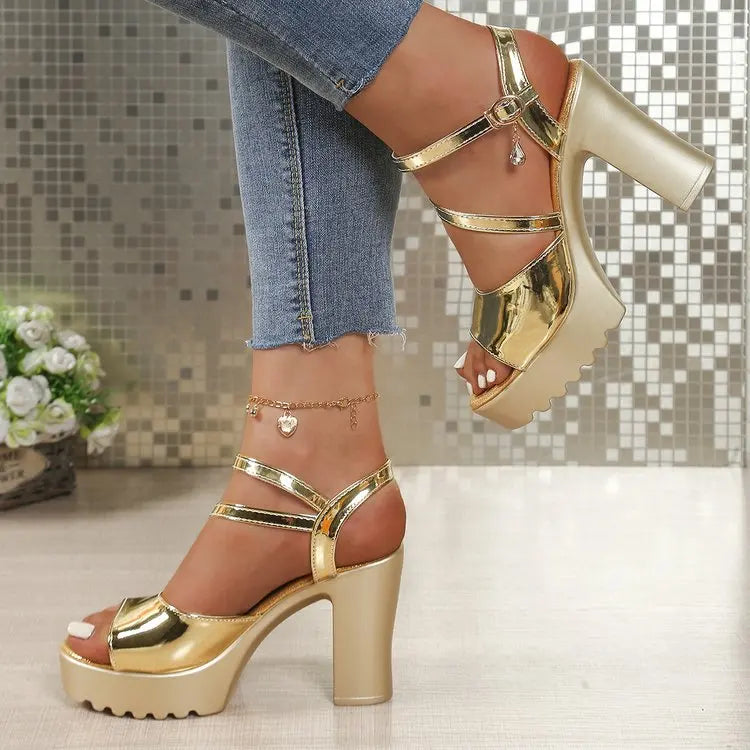 Women’s Gold & Silver Platform Chunky Heel Sandals – Mirror PU Ankle Strap Gladiator Formal Party Shoes