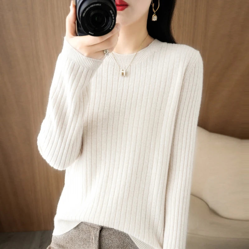 Women’s Autumn Winter O-Neck Striped Knit Sweater – Loose Fit Long Sleeve Pullover Casual Korean Style Jumper