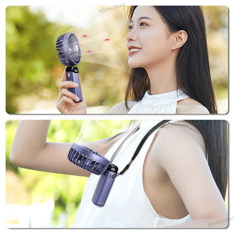USB Rechargeable Foldable Neck Fan – Portable Handheld Mini Fan with 5-Speed Cooling, Digital Display & Phone Stand, Travel-Friendly Hands-Free Design