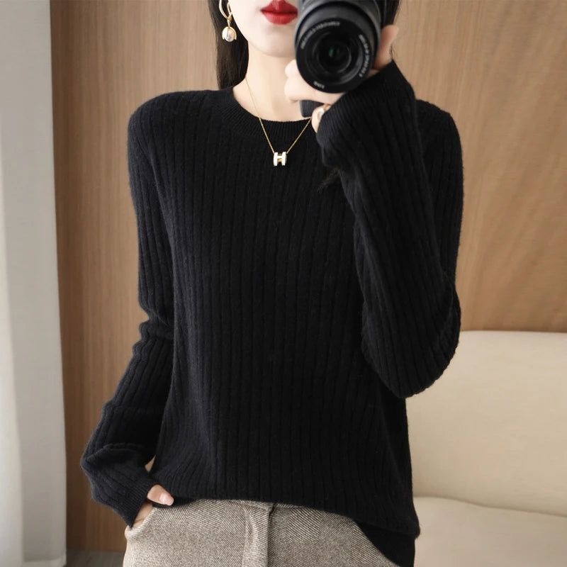 Women’s Autumn Winter O-Neck Striped Knit Sweater – Loose Fit Long Sleeve Pullover Casual Korean Style Jumper
