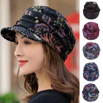 Women Autumn Winter Peaked Cap with Earflap – Warm Foldable Floral Print Casual Hat