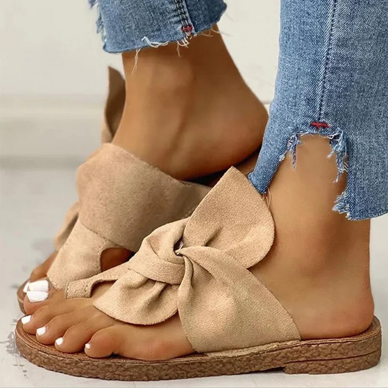 Women Casual Summer Flat Sandals – Slip-On Butterfly-Knot Beach Slippers for Women