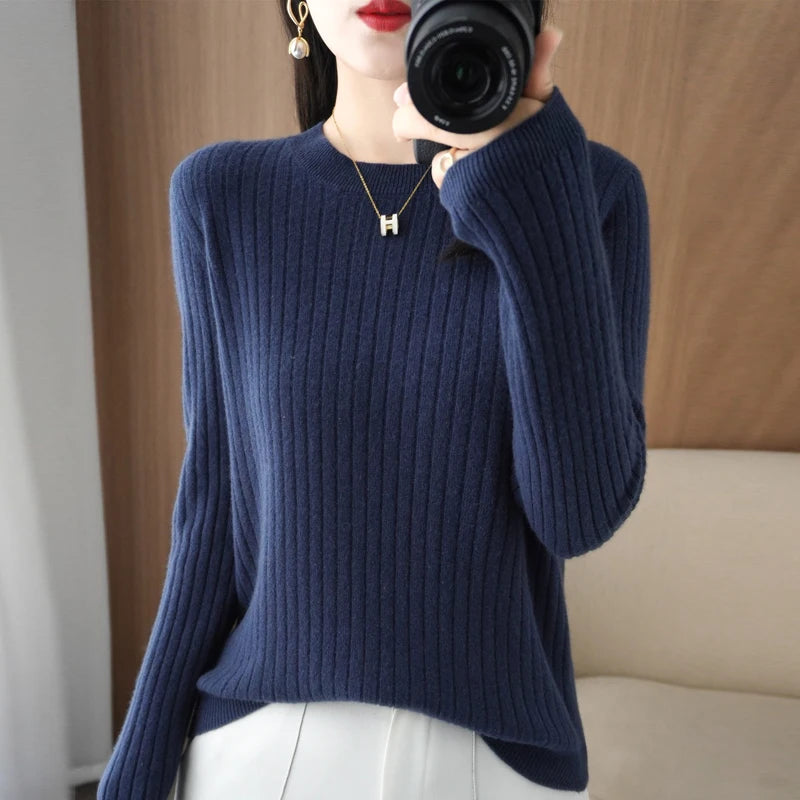 Women’s Autumn Winter O-Neck Striped Knit Sweater – Loose Fit Long Sleeve Pullover Casual Korean Style Jumper