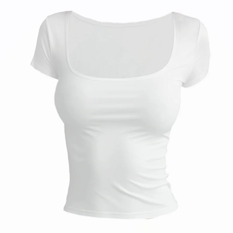 Women’s Summer Slim Fit Square Neck Short Sleeve T-Shirt – Solid Color Y2K Streetwear Sexy Stretch Knit Top