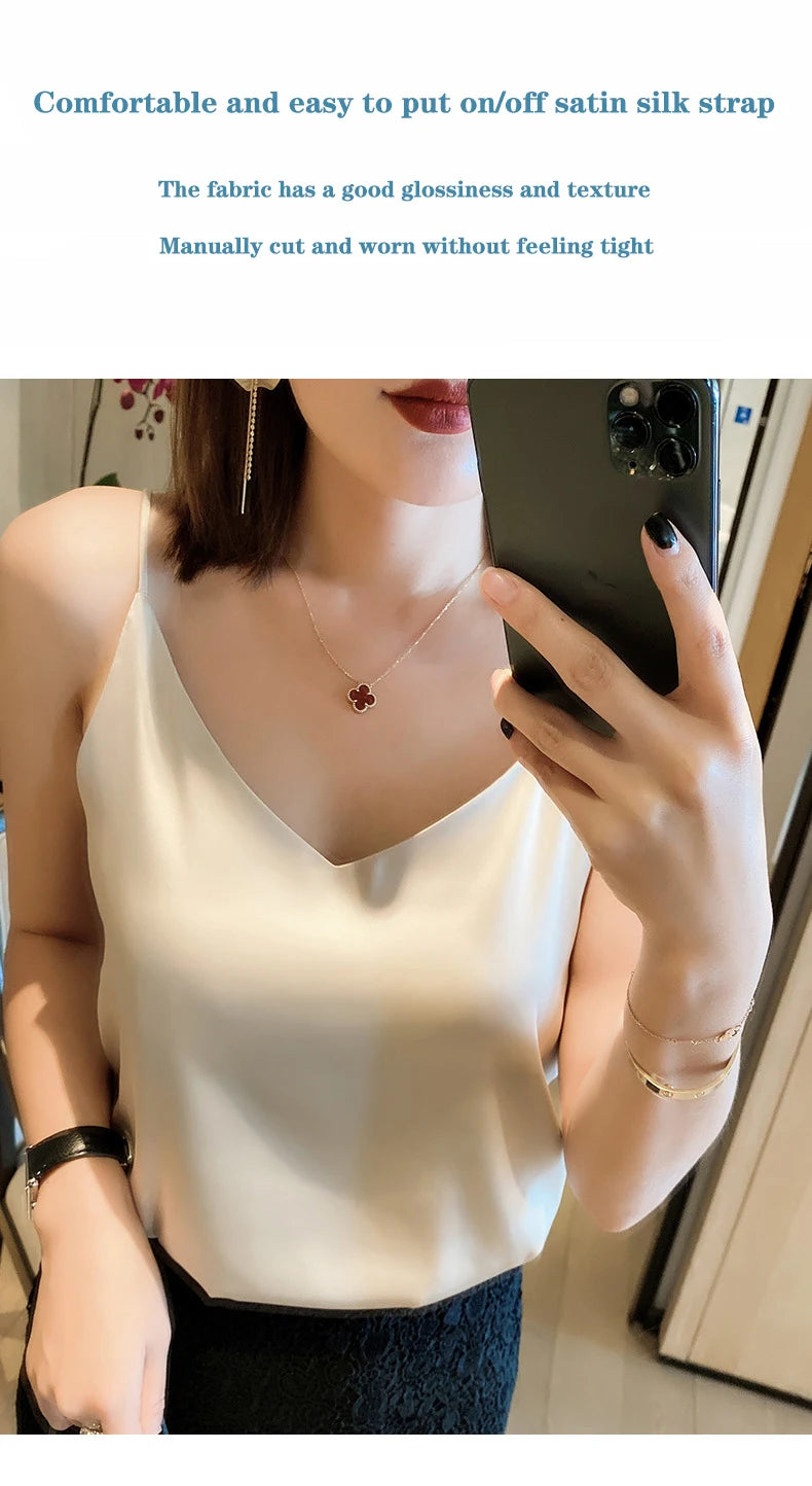 Women Summer Sleeveless V-Neck Chiffon Camisole Crop Tank Top – Slim Fit Solid Office Lady Vest (Black/White/Grey)