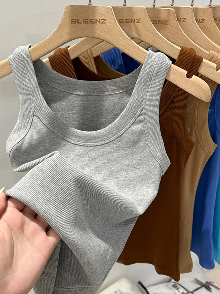 Women Solid Ribbed Tank Top Camisole – Elastic Cotton O-Neck Summer Basic Crop Top 2026