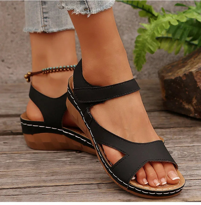 Women’s Wedge Sandals – Casual Summer Heeled PU Comfort Sandalias De Mujer Hook & Loop Strap Fashion Shoes