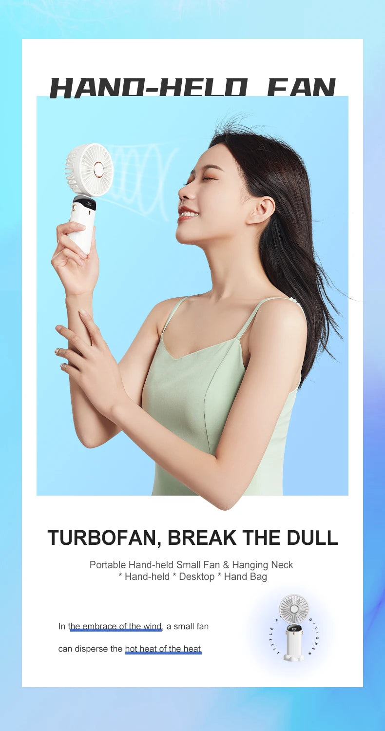 USB Rechargeable Foldable Neck Fan – Portable Handheld Mini Fan with 5-Speed Cooling, Digital Display & Phone Stand, Travel-Friendly Hands-Free Design
