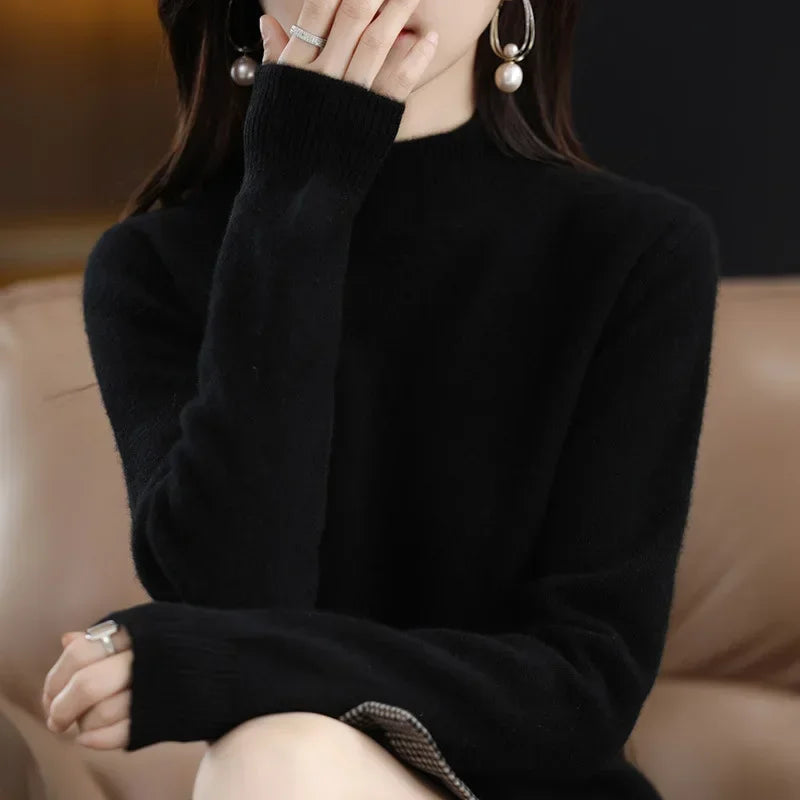 Women’s Autumn Winter Knit Sweater – Korean Fashion Slim Fit Half High Collar Long Sleeve Pullover