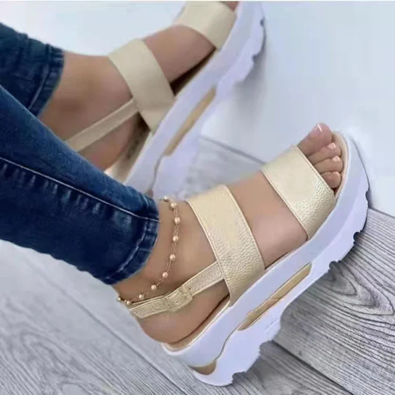 Women’s Wedge Sandals – Low Platform Buckle Strap PU Summer Dress & Casual Heeled Shoes (3–5cm)
