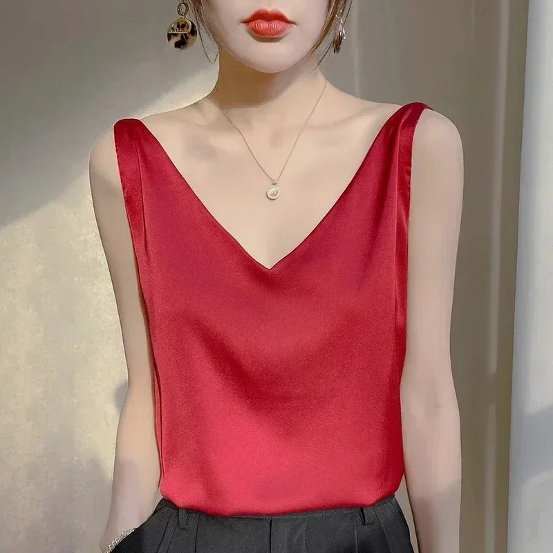 Women’s V-Neck Silk Satin Sleeveless Blouse – Elegant Office Tank Top, Lightweight Summer Camisole