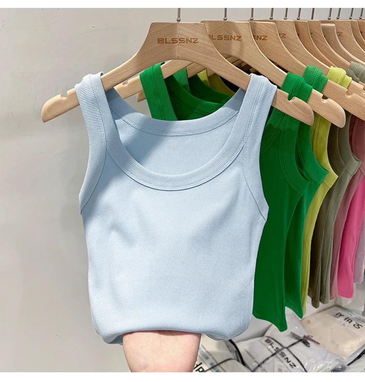 Women Solid Ribbed Tank Top Camisole – Elastic Cotton O-Neck Summer Basic Crop Top 2026