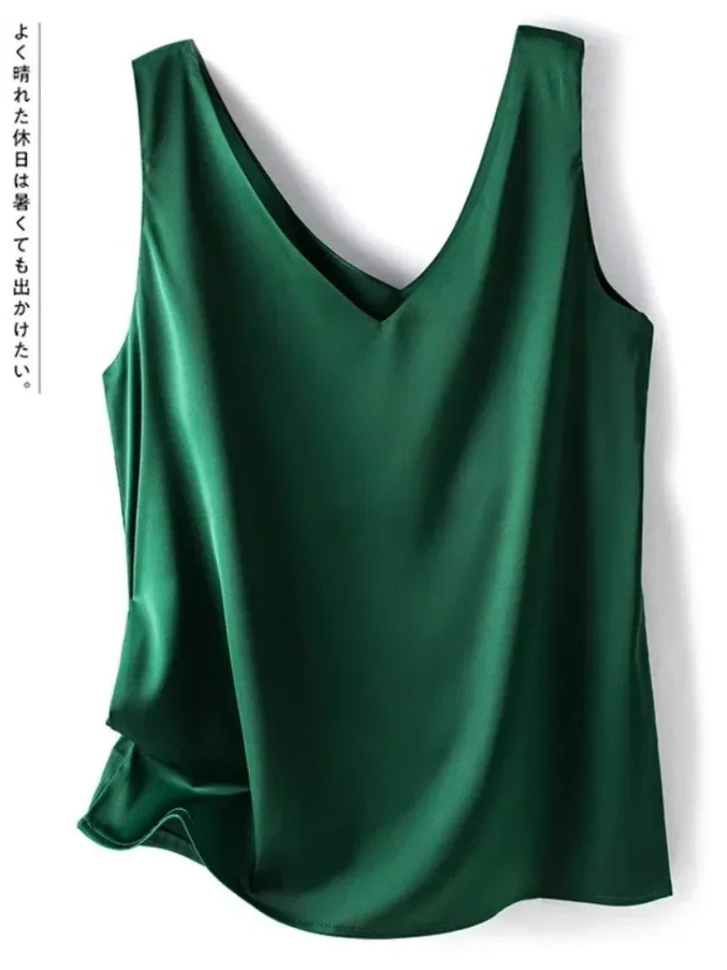 Women’s V-Neck Silk Satin Sleeveless Blouse – Elegant Office Tank Top, Lightweight Summer Camisole