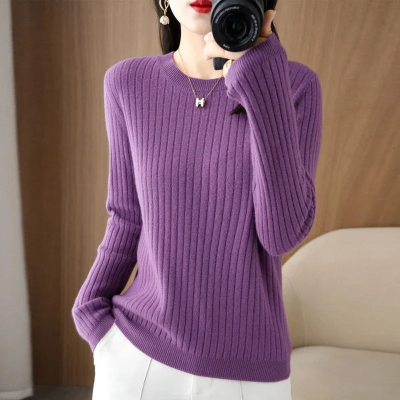 Women’s Autumn Winter O-Neck Striped Knit Sweater – Loose Fit Long Sleeve Pullover Casual Korean Style Jumper